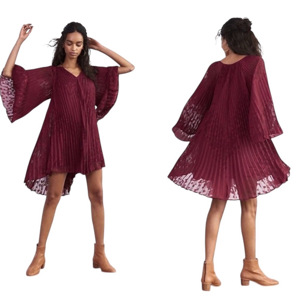 Anthropologie Toulon Pleated Mini Dress‎ Boho Size Med High Low Bell Sleeve